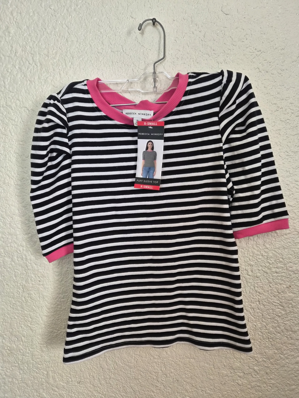 Rebecca Minkoff Black & White Striped Tee with Hot Pink Trim - Picture 2 of 6
